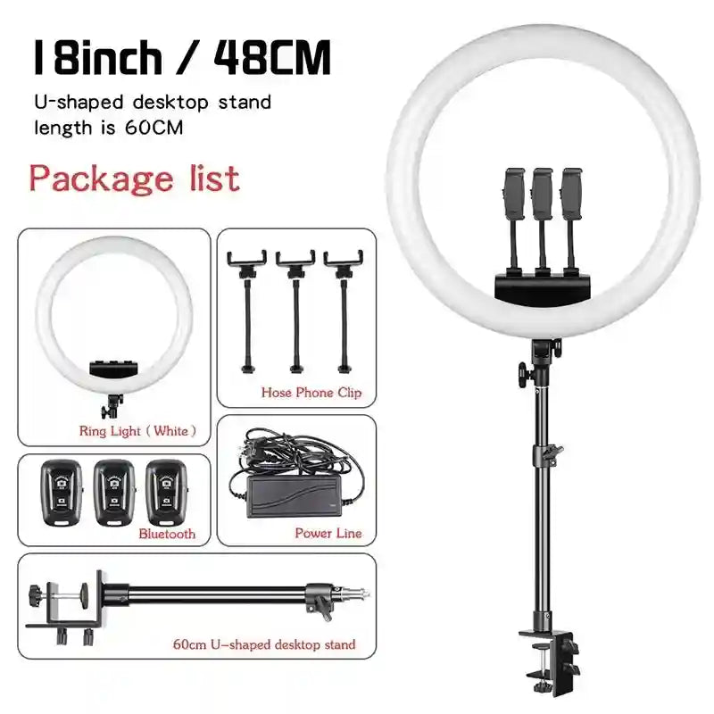 18-inch white ring light kit with three phone mounts, power adapter, Bluetooth remote, and 60cm U-shaped desktop stand.