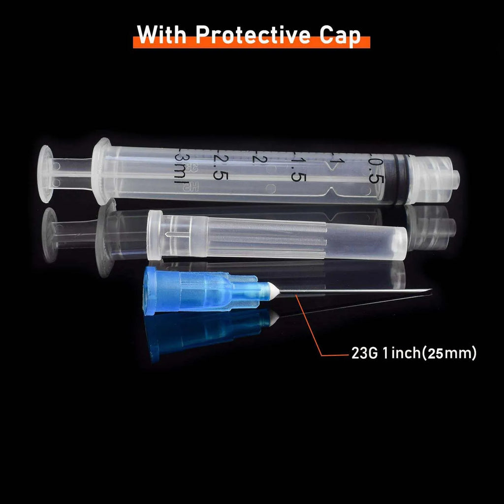 3ml Luer Lock syringe with 23G 1-inch needle and protective cap for safe pet or farm animal medical dosing.
