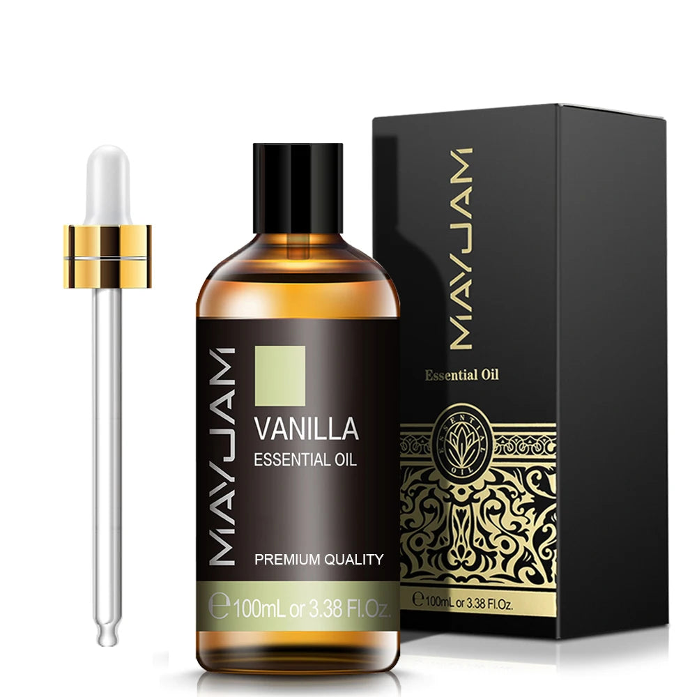 100 mL vanilla essential oil bottle with gold cap and matching dropper