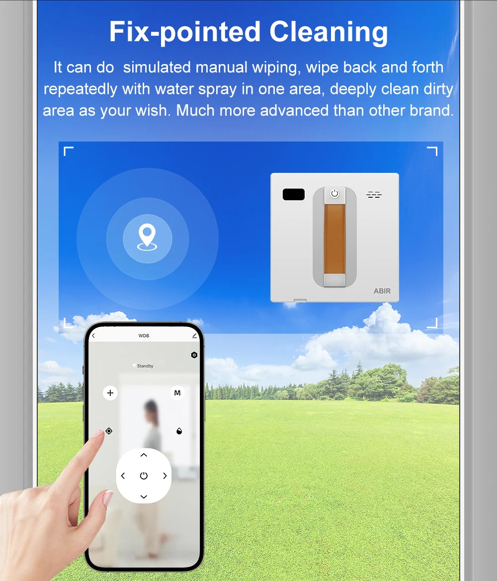 Tidesmit ABIR WD8 robot window cleaner with dual water spray, laser sensor, and app control for glass wall cleaning.