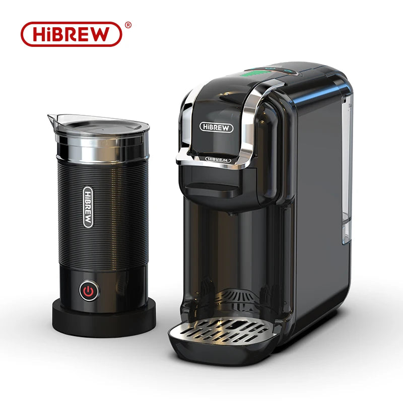 HiBREW black capsule coffee machine and electric milk frother set with sleek plastic and stainless steel finish.