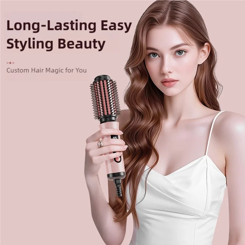 TINSOL pink negative ion hot air brush for professional hair styling, curling, and straightening with digital display.