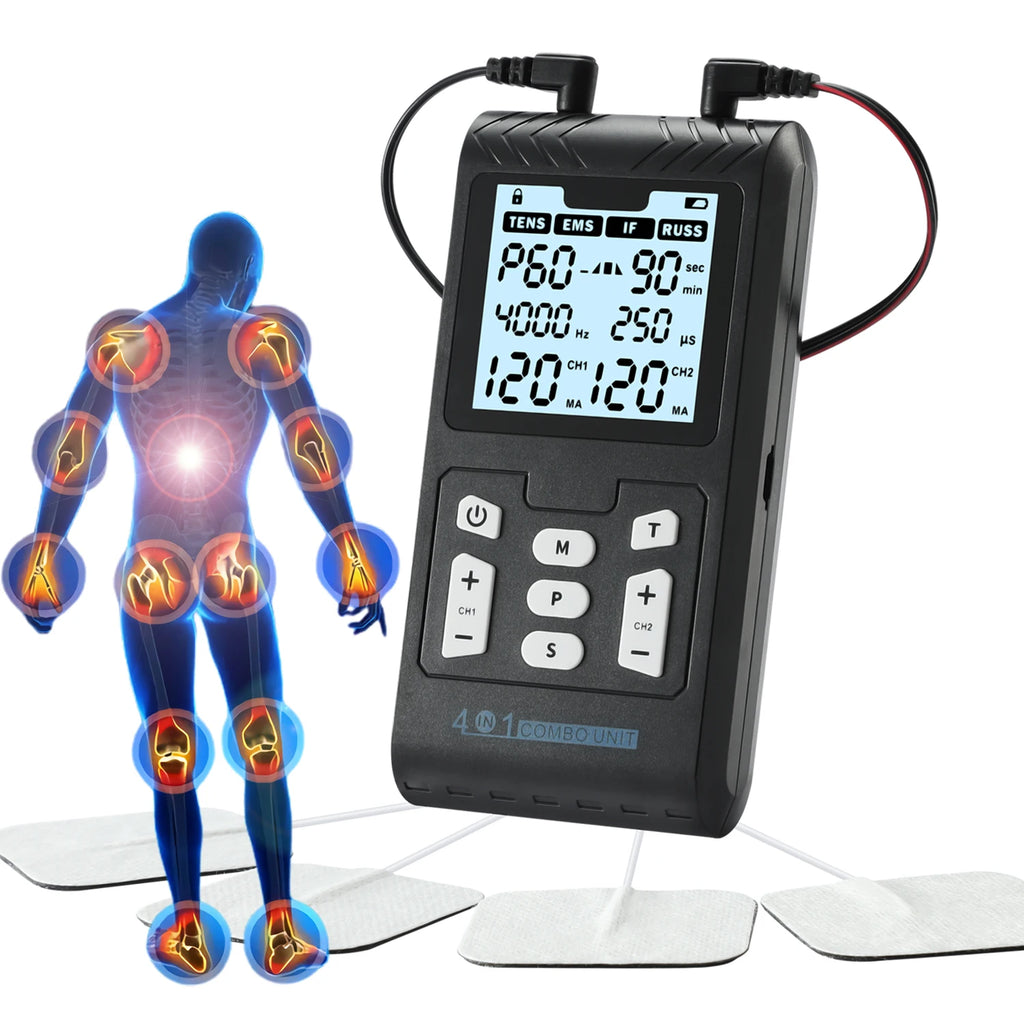 Black 4-in-1 IFT RUSS EMS TENS physiotherapy device with digital display and electrode pads for pain relief.