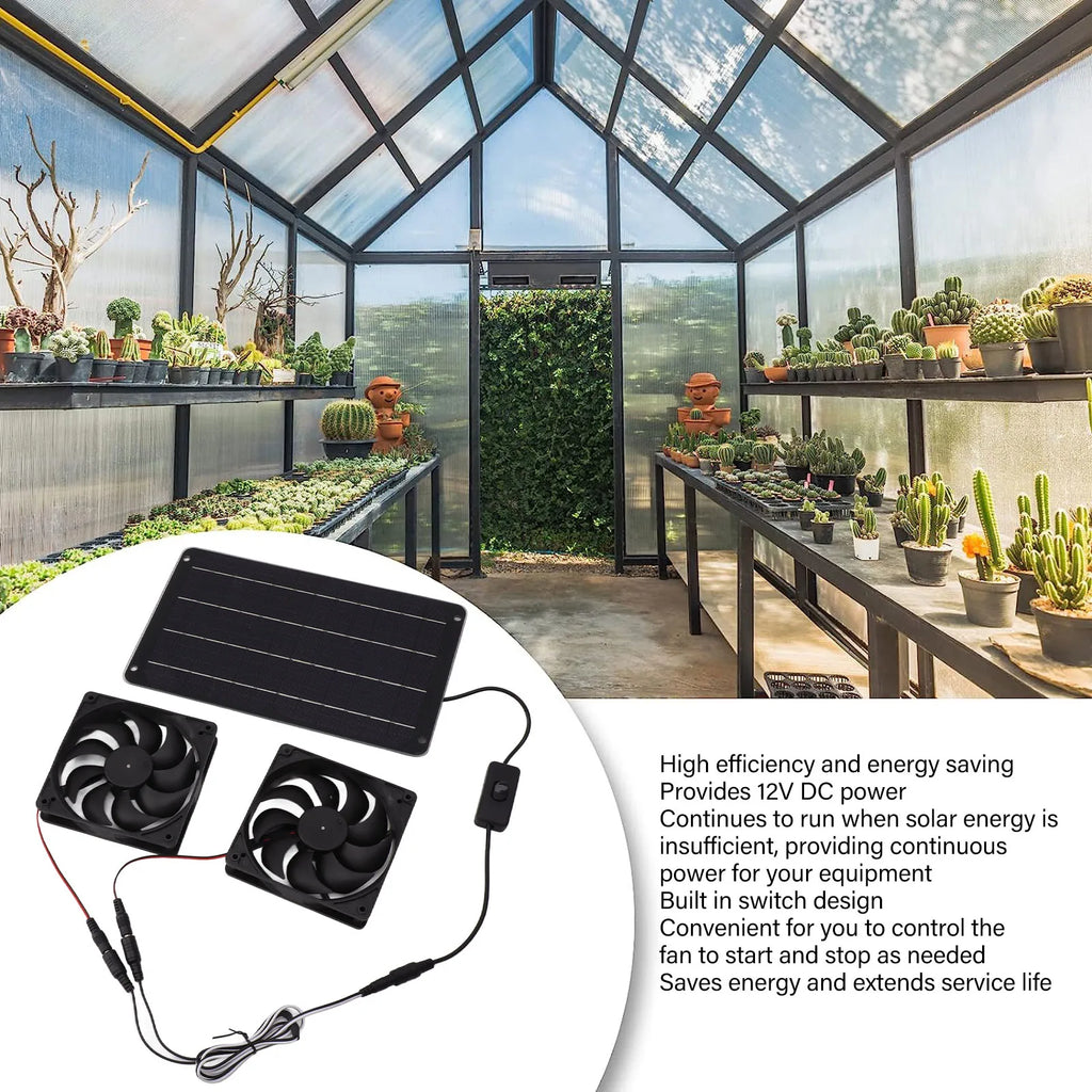 20W solar-powered dual fan kit with switch for cooling greenhouses, RVs, and pet homes. Energy-saving 12V ventilation.