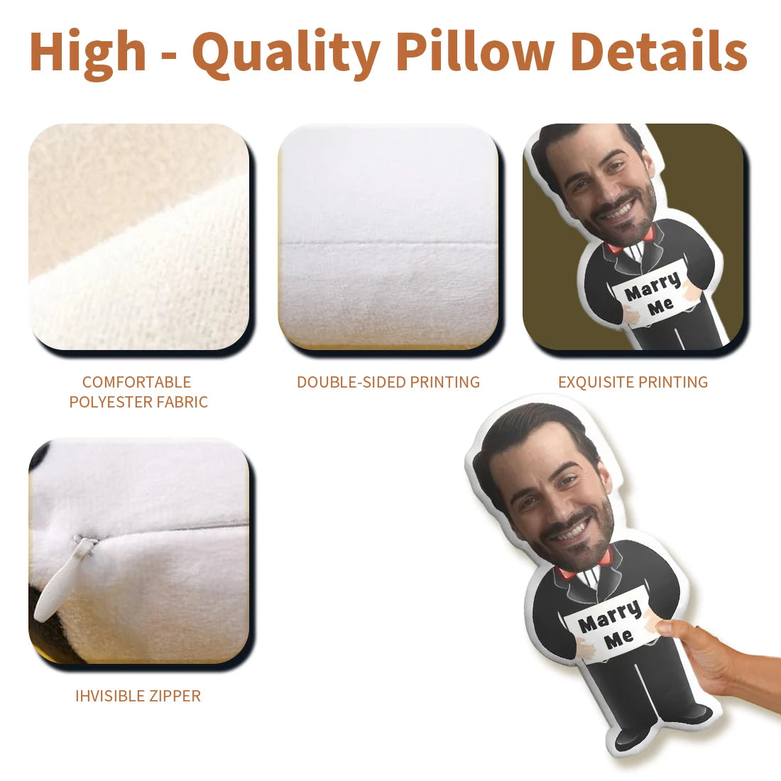 Personalized Photo Plush Pillow - Custom FaceBodyNameTextLogo - Upload Your Own Picture - Soft Fabric Cushion for Bed, Sofa, Car