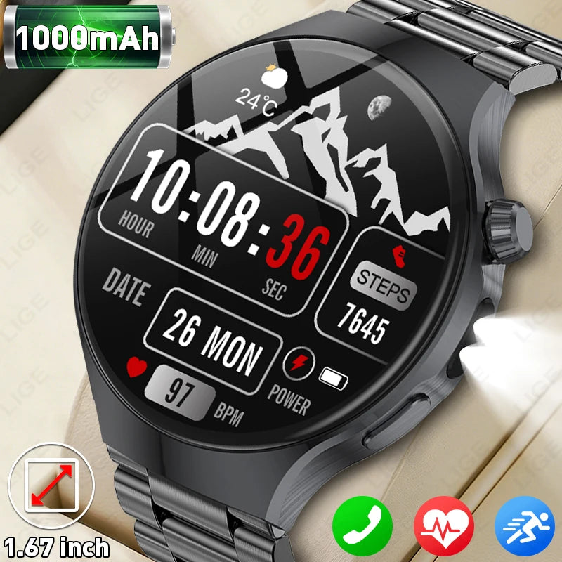 LIGE New 1000mAh Battery Smart Watch Health Monitor Bluetooth Call LED Flashlight Sports Tracker Smart Bracelet For Android ios