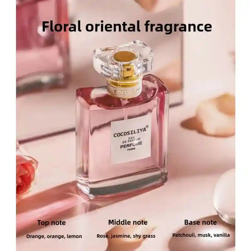 Cocosiliya 3pc women's floral oriental EDP set. Rectangular glass bottle, citrus, rose, jasmine, vanilla, musk notes.