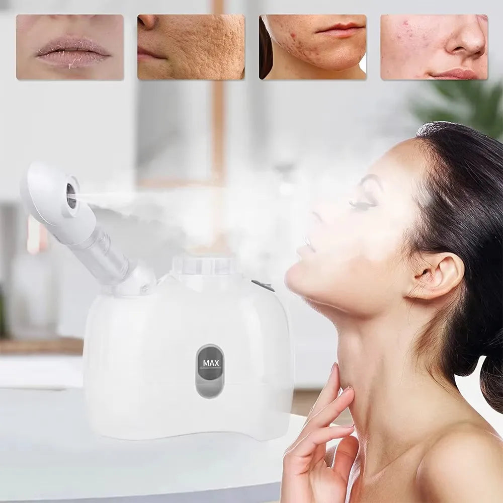 Portable white facial steamer machine for deep skin moisturizing and ozone face spa treatment at home.