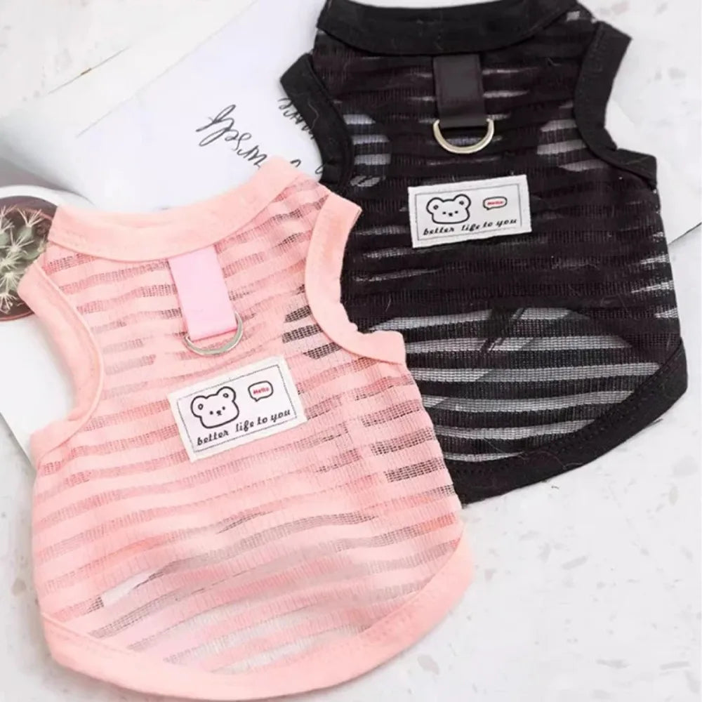 Breathable pink and black mesh cooling vests for small dogs like Chihuahuas, perfect for summer comfort.