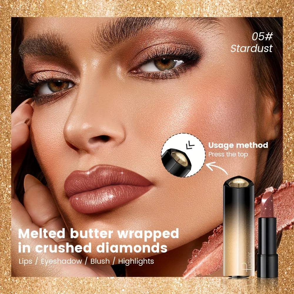 Pearly metallic lipstick in Stardust, glitter shimmer finish with high color payoff and a smooth, creamy texture.