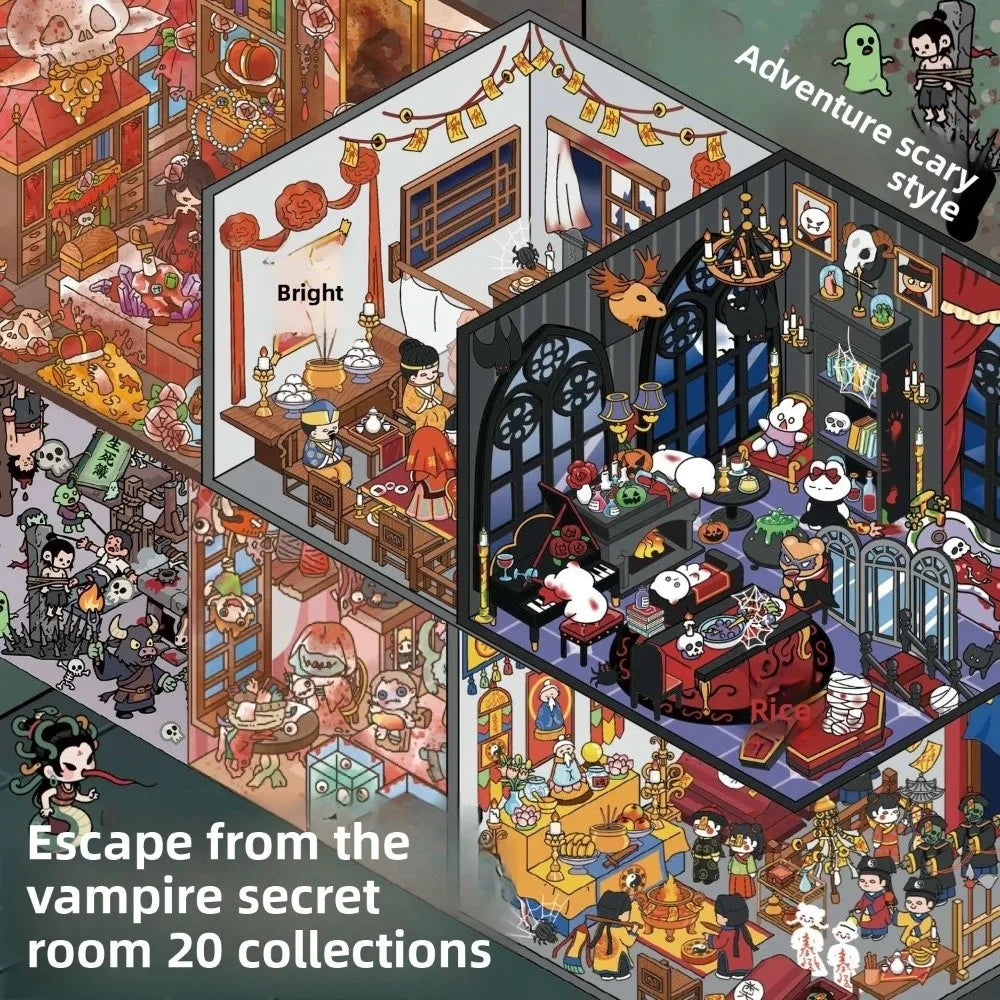 Horror theme PET sticker set for DIY crafts, featuring 51 cartoon town scene sheets for creative room decoration fun.