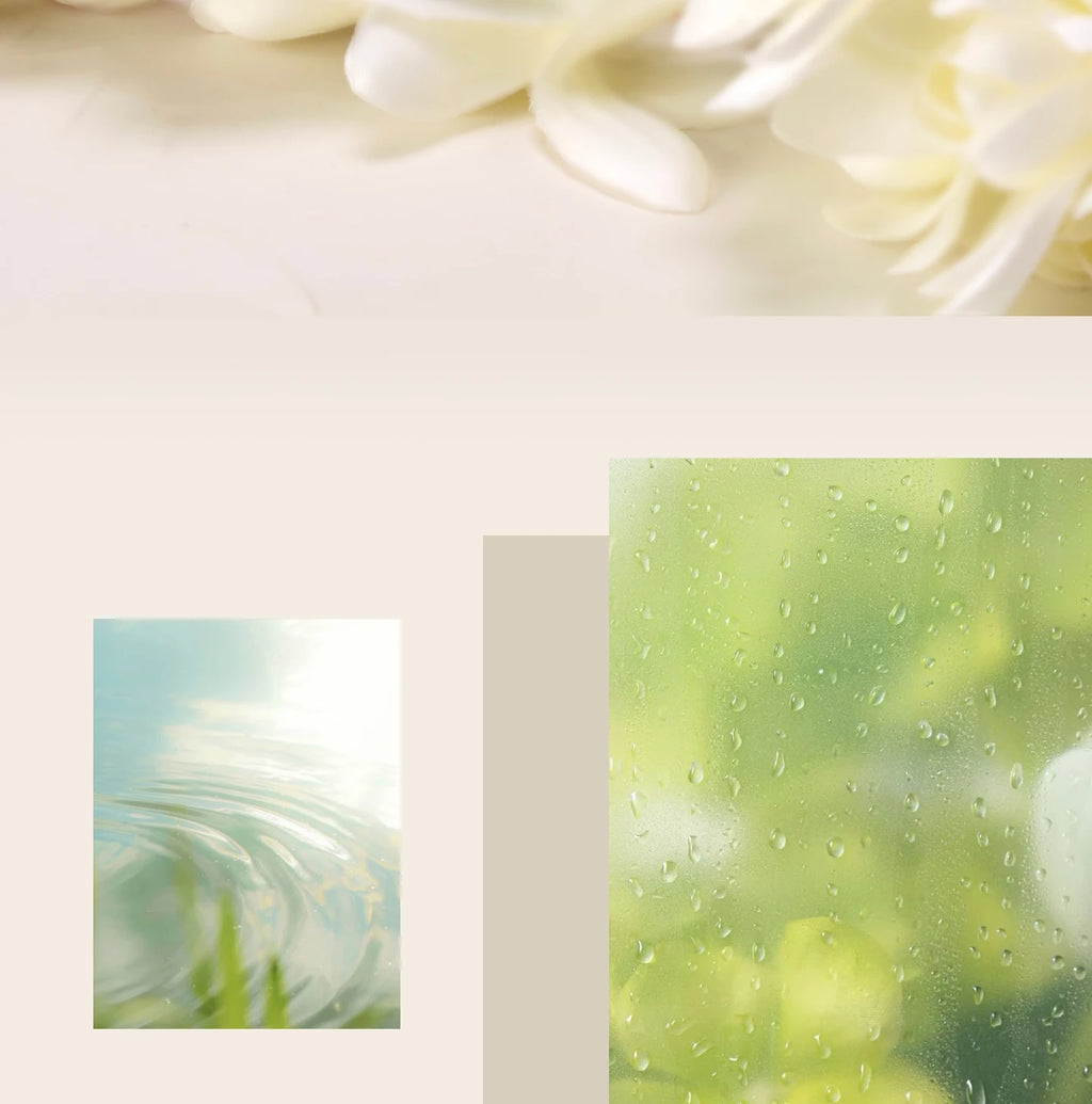 Pure Gardenia floral perfume: Elegant, fresh scent featuring water droplets, soft white petals, and soothing green tones.