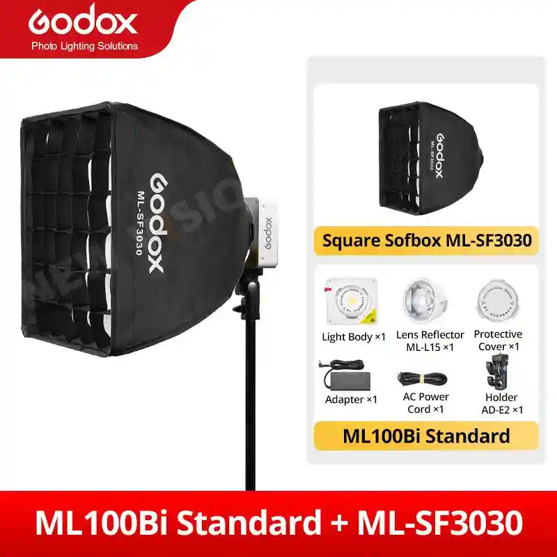 ML100Bi LED light kit with black square softbox, diffuser grid, power adapter, reflector, and mounting hardware.