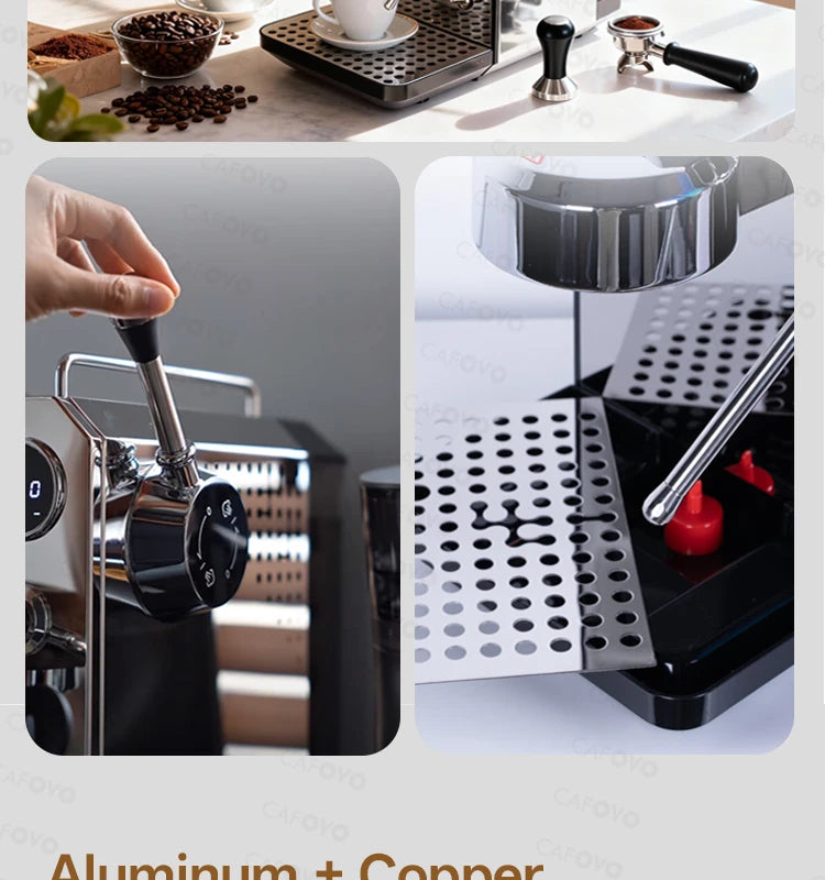 Cafoyo aluminum and copper espresso machine with lever control, chrome finish, and stainless steel drip tray.