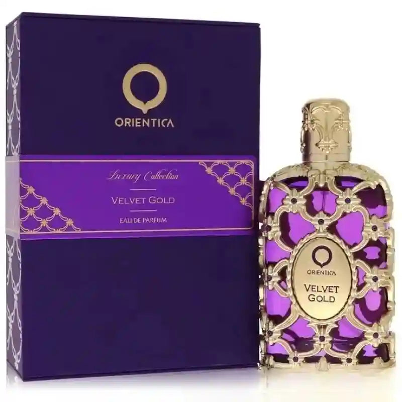 Orientica Velvet Gold EDP 100ml: A luxury unisex perfume in an elegant, ornate gold-caged purple glass bottle.