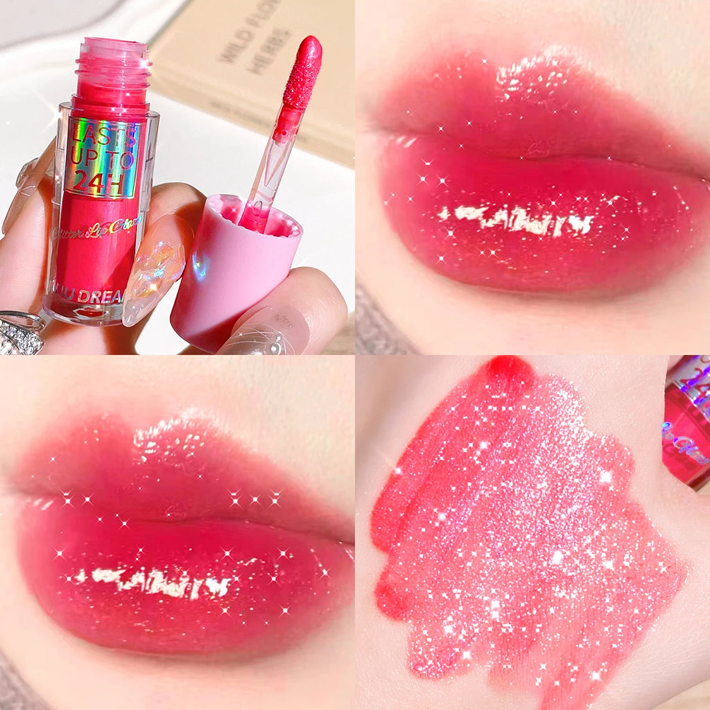 Long-lasting pink glitter lip gloss with a shiny, waterproof liquid lipstick texture applied to lips and skin swatch.