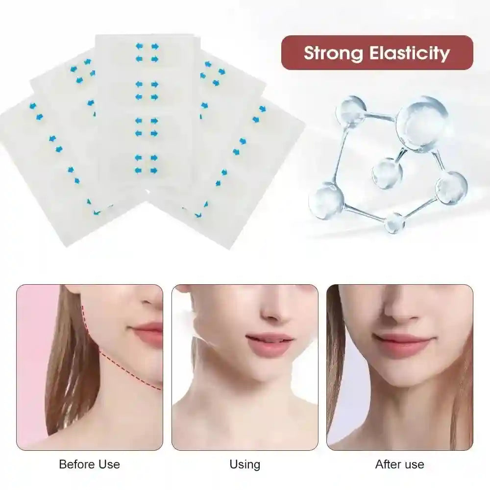 Invisible face lift tape patches shown with demonstration of application on jawline and a molecular elasticity graphic.