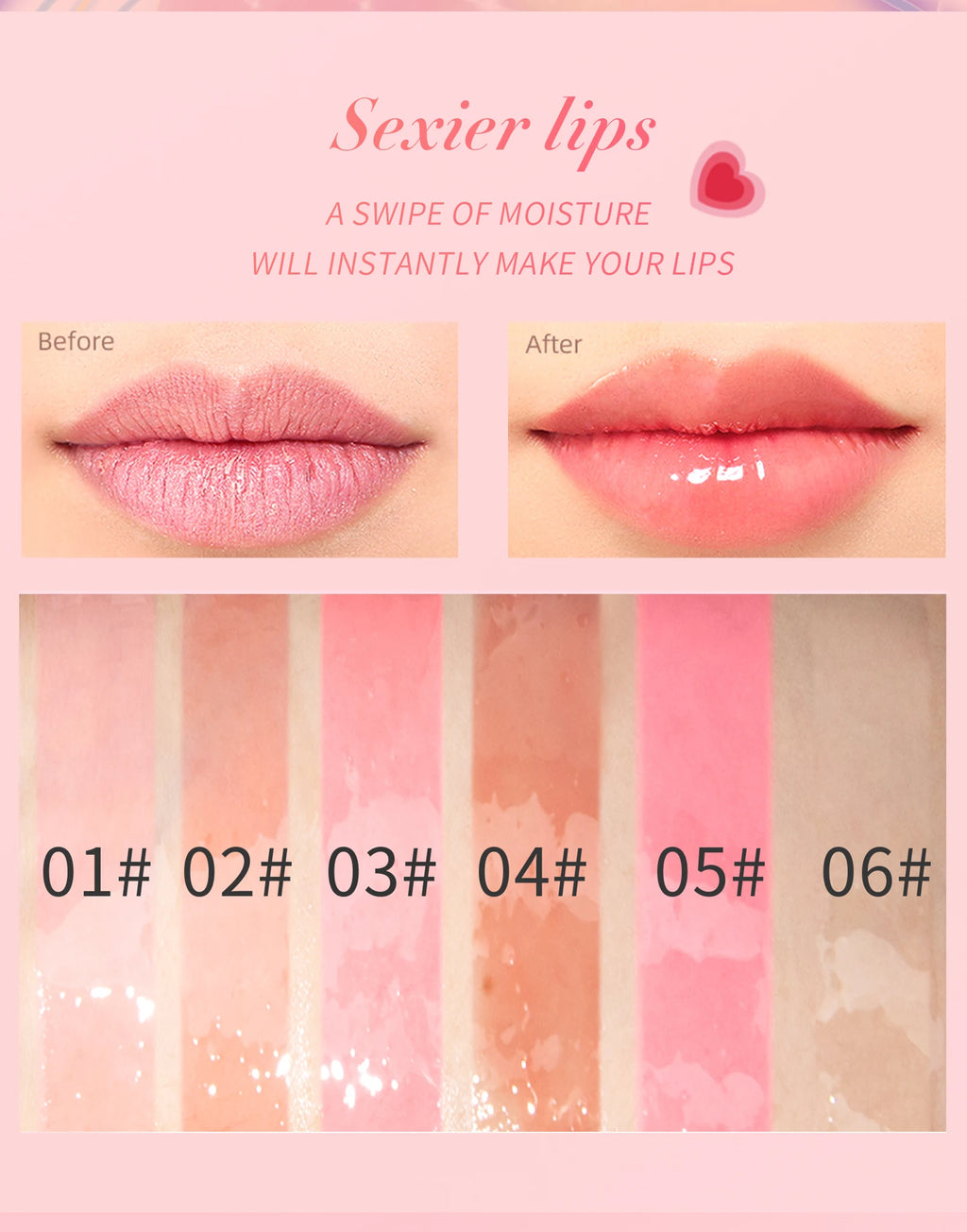 Crystal jelly moisturizing lip oil swatches showing glossy, plumping, tinted shades for hydrated, sexy lips.