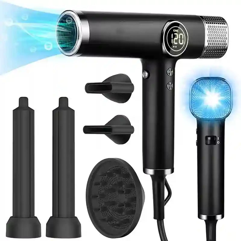 Black 1800W high-speed hair dryer with digital display, 5 attachments, and ionic tech for salon-quality styling.
