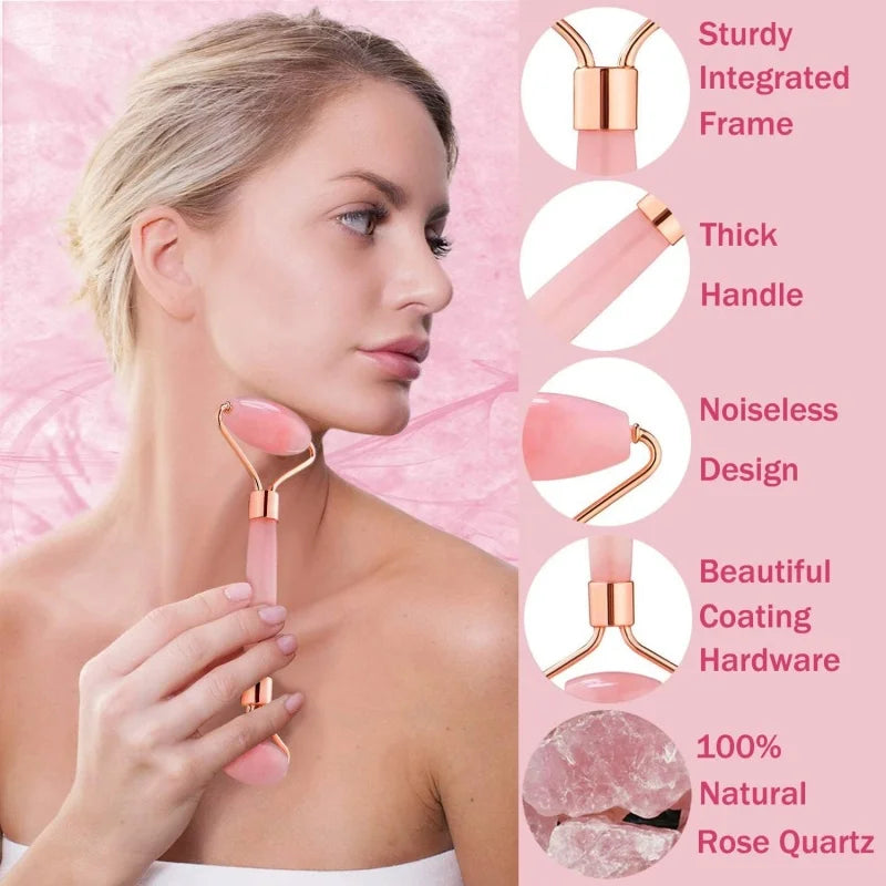 A woman using a dual-ended pink rose quartz facial massage roller with a rose gold metal frame and thick handle.