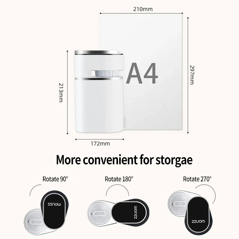 Zzuom portable white coffee maker showing compact 213mm height, rotating lid design, and A4 paper size comparison.