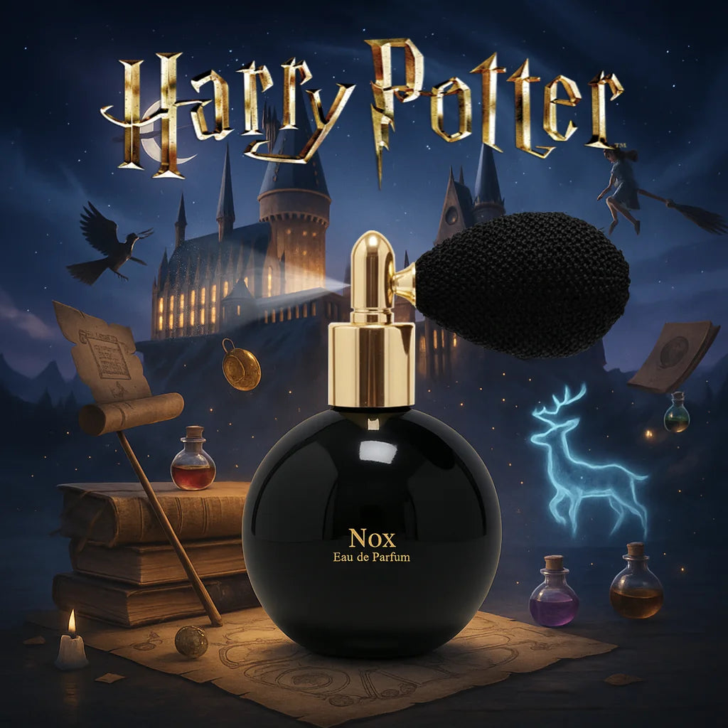 MINISO Harry Potter Nox Unisex Eau de Parfum, 50ml woody floral spray in a round black bottle with gold atomizer.