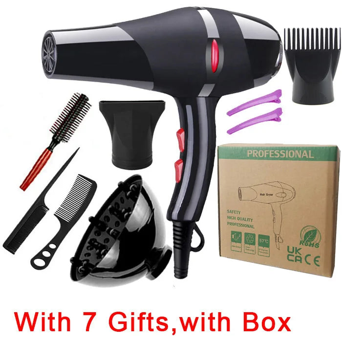 Professional 2100W black hair dryer set with attachments, diffuser, styling combs, clips, and gift box for salon use.