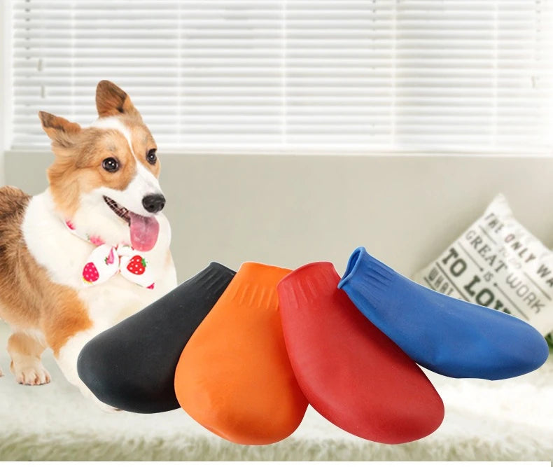 Waterproof rubber dog boots in various colors for paw protection. Durable, anti-slip shoes for small and large dogs.