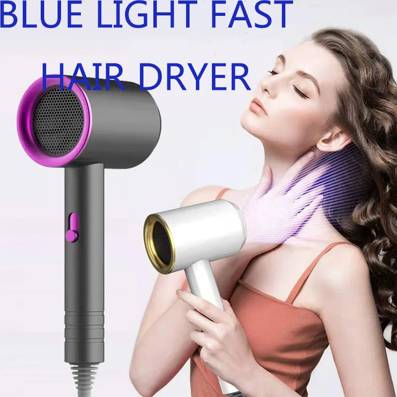 Grey and white high-power ionic hair dryer with blue light technology for fast, silent home hair drying.