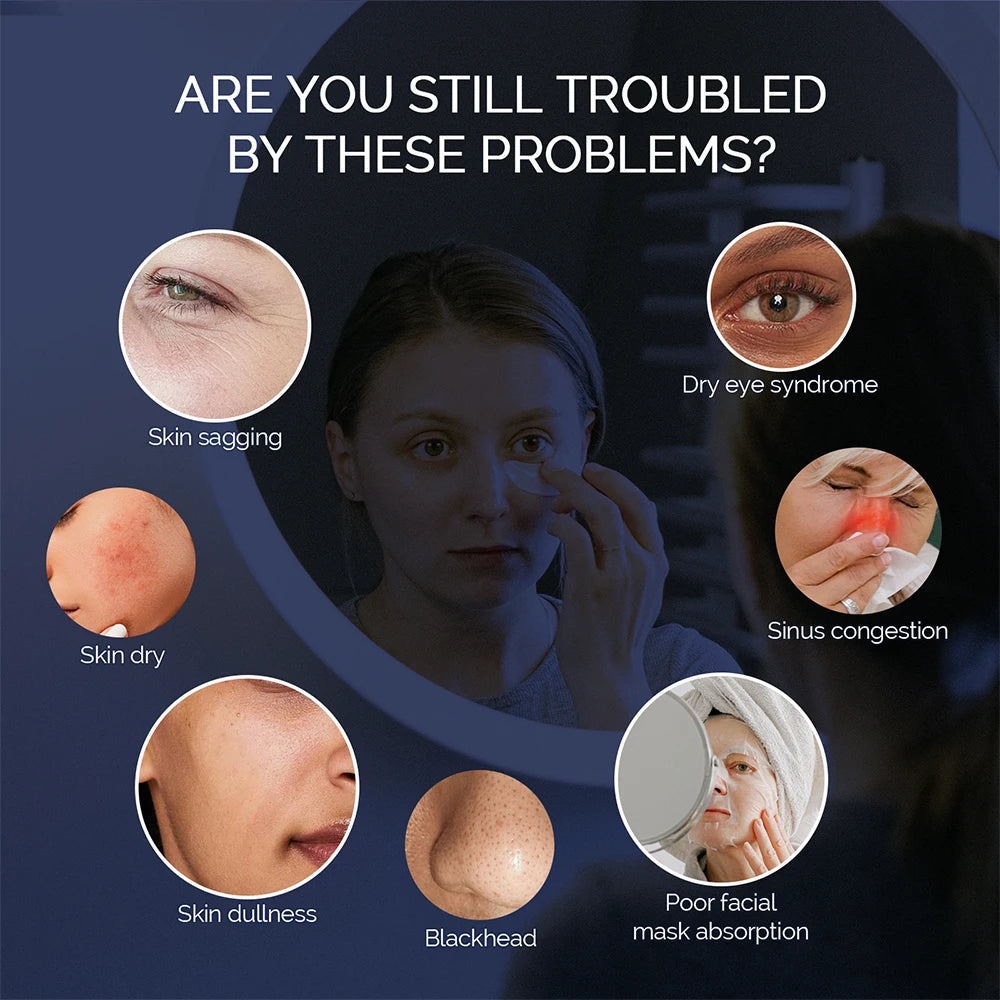 A person applies a small, white, semi-circular eye patch to treat skin concerns like sagging, dryness, and congestion.