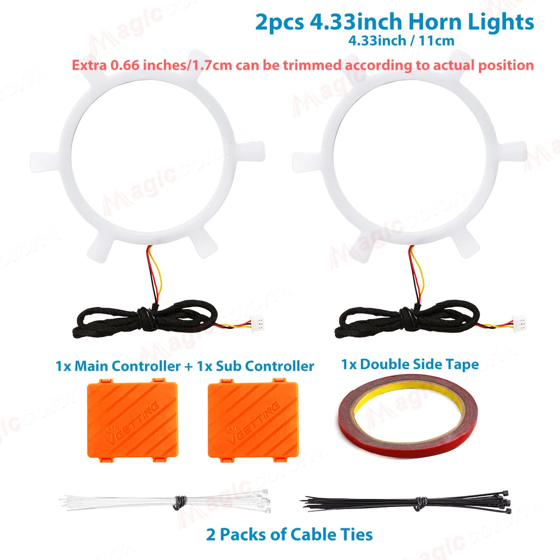 Two 4.33-inch circular white LED horn lights, two orange controller boxes, double-sided tape, and cable ties.