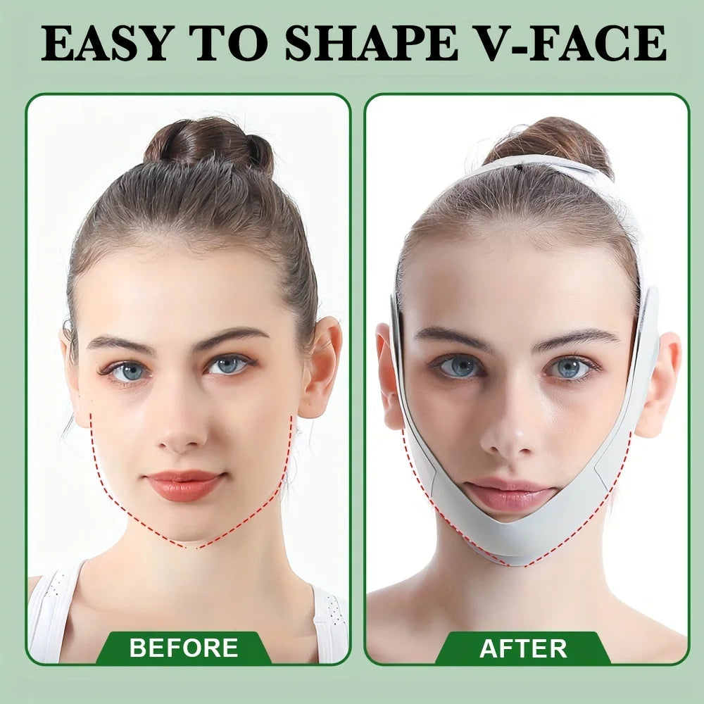 Before and after comparison of a woman wearing a light gray, adjustable elastic V-line face slimming strap.