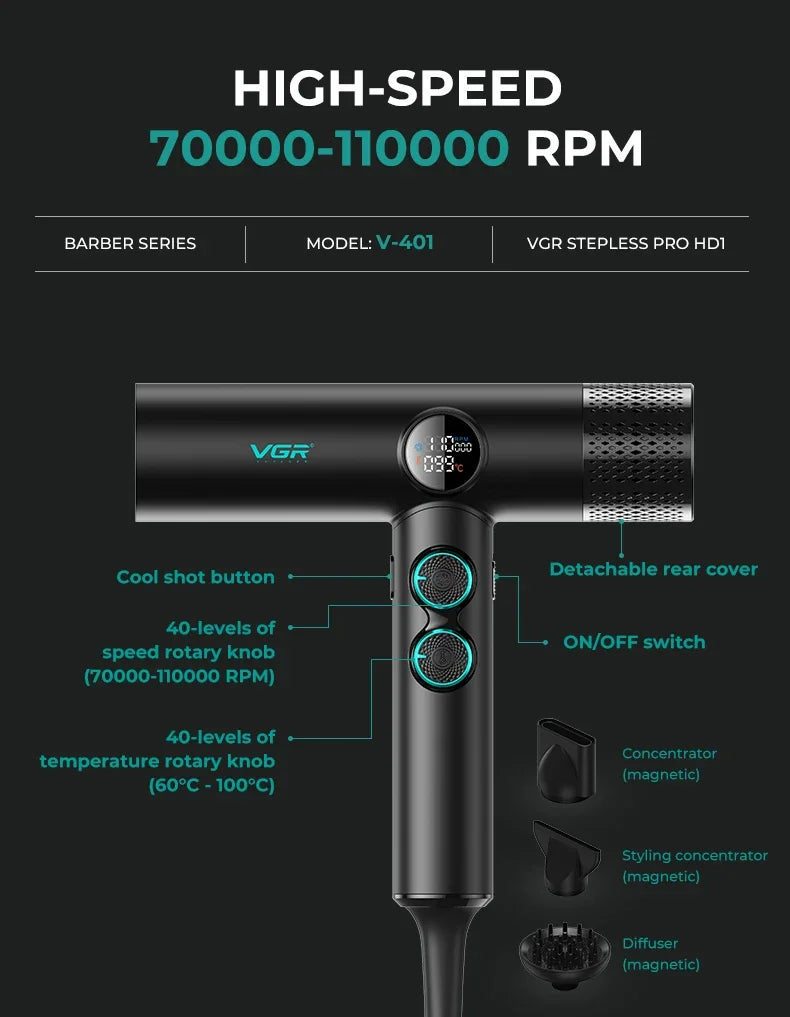 VGR V-401 professional BLDC hair dryer, black, 110k RPM, LCD display, magnetic attachments, and speed/heat control.