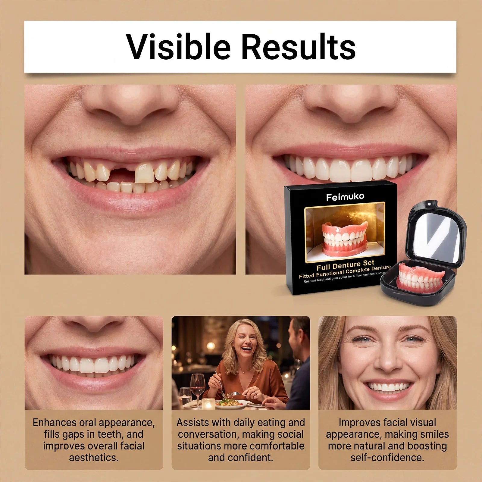 Full Set Dentures Fake Teeth Braces Comfort Fit Instant Confidence Smile Oral Care For Men Women Modify gaps between teeth/v3*