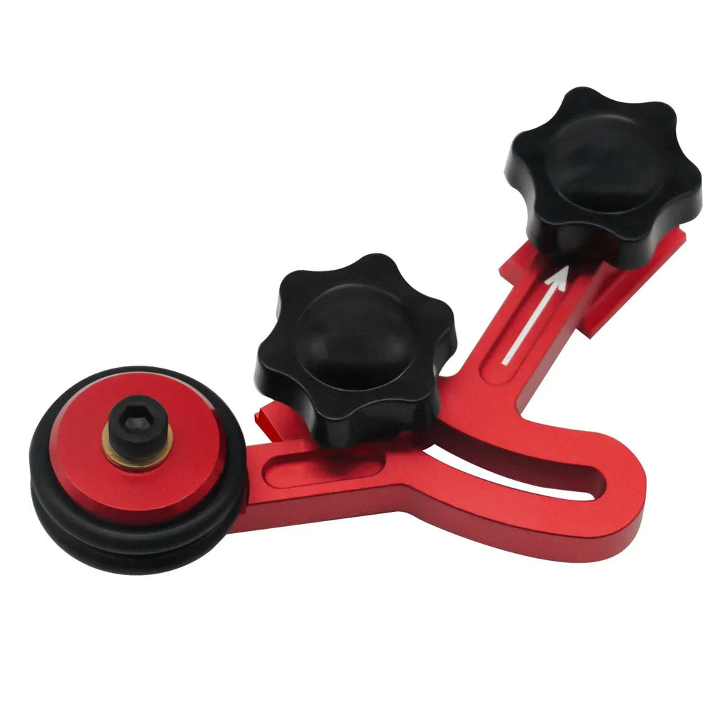 Single woodworking stock guide with red frame, red roller wheel, and black clamping knobs
