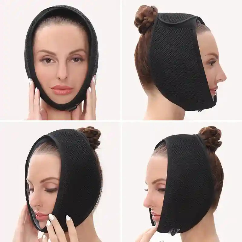 A black, adjustable, mesh electric heating strap wrapped around a woman's jaw and head for oral pain relief.
