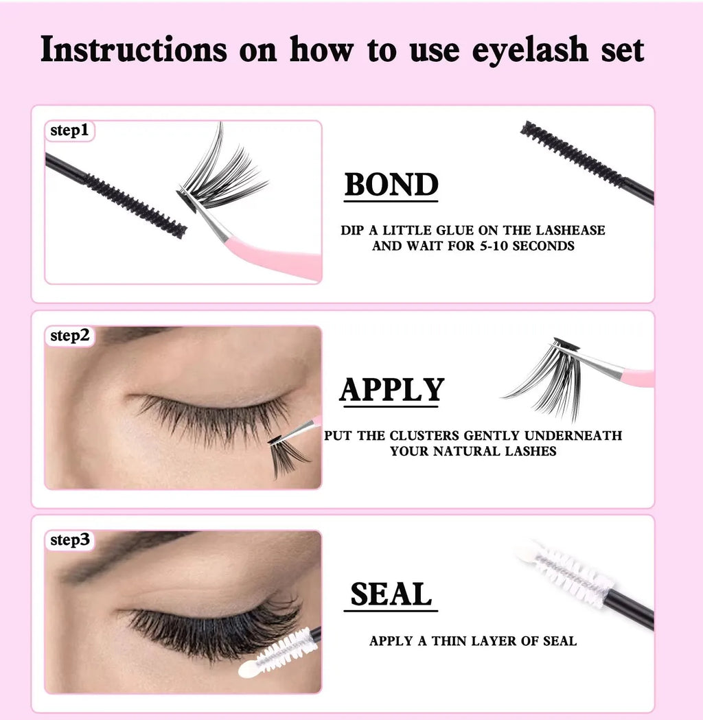 Three-step instructional graphic for applying DIY cluster lashes, showing bond, lash placement, and seal application.