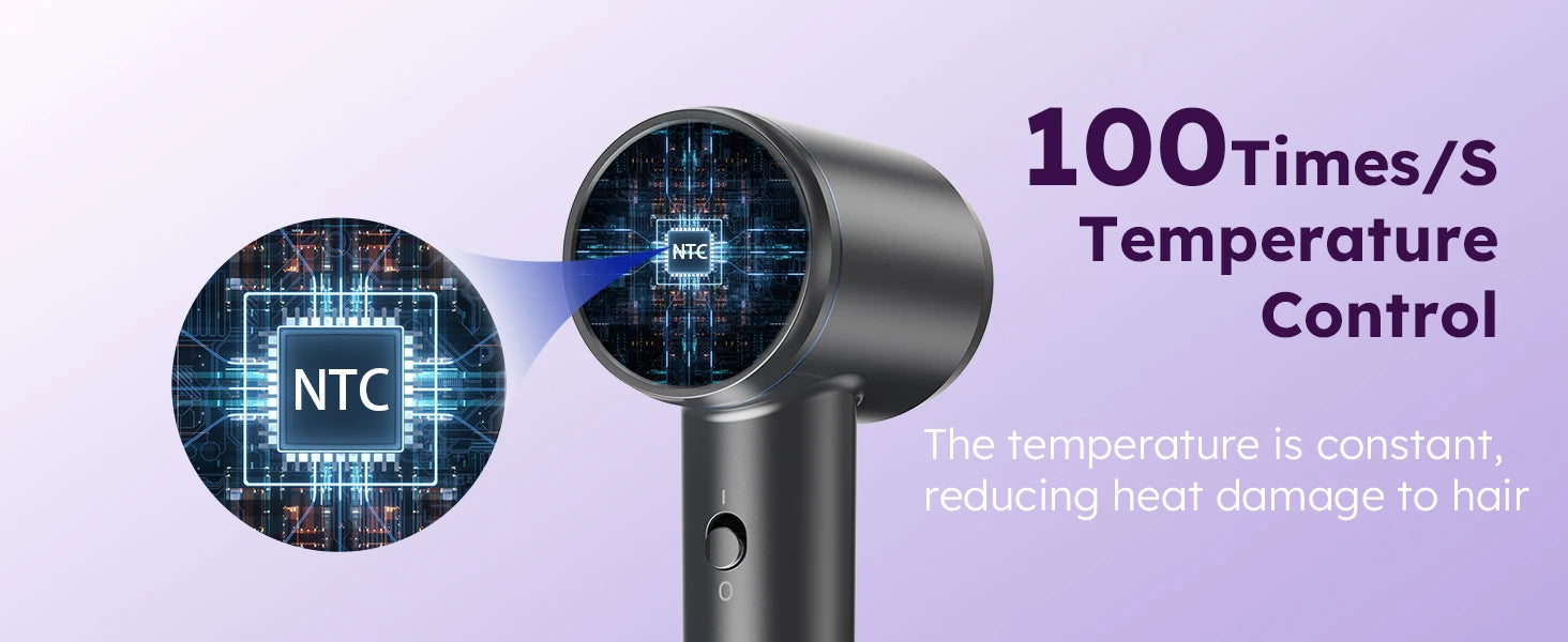 Grey high-speed hair dryer with NTC smart temperature control chip for fast drying and reduced heat damage.