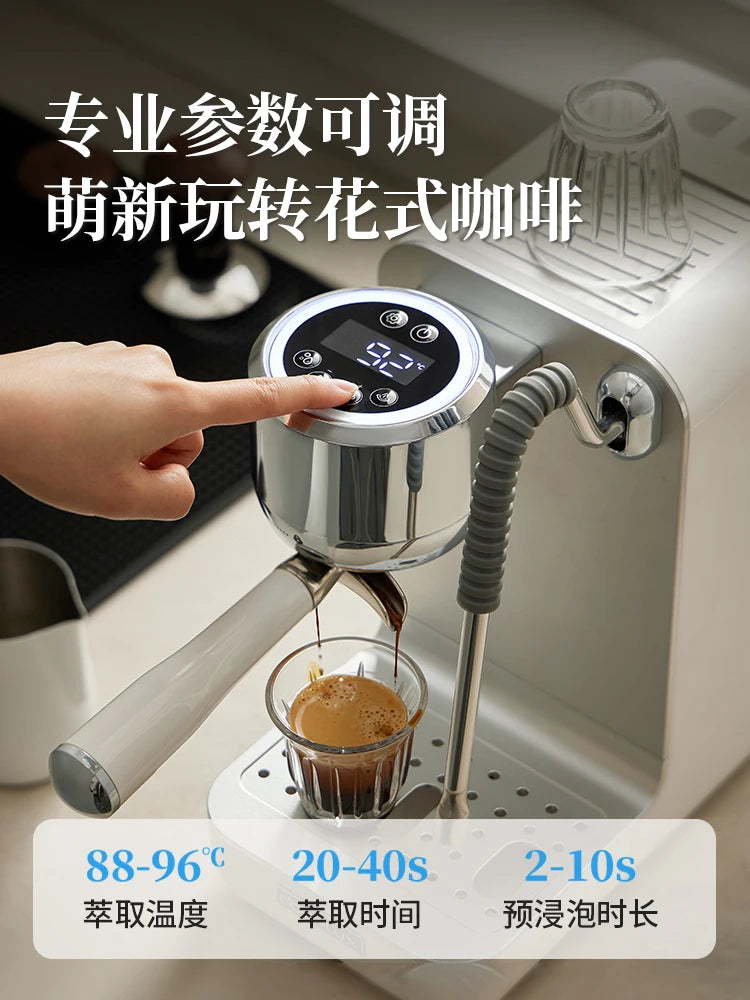 Silver and white professional espresso machine with digital touch temperature control display pouring fresh coffee.