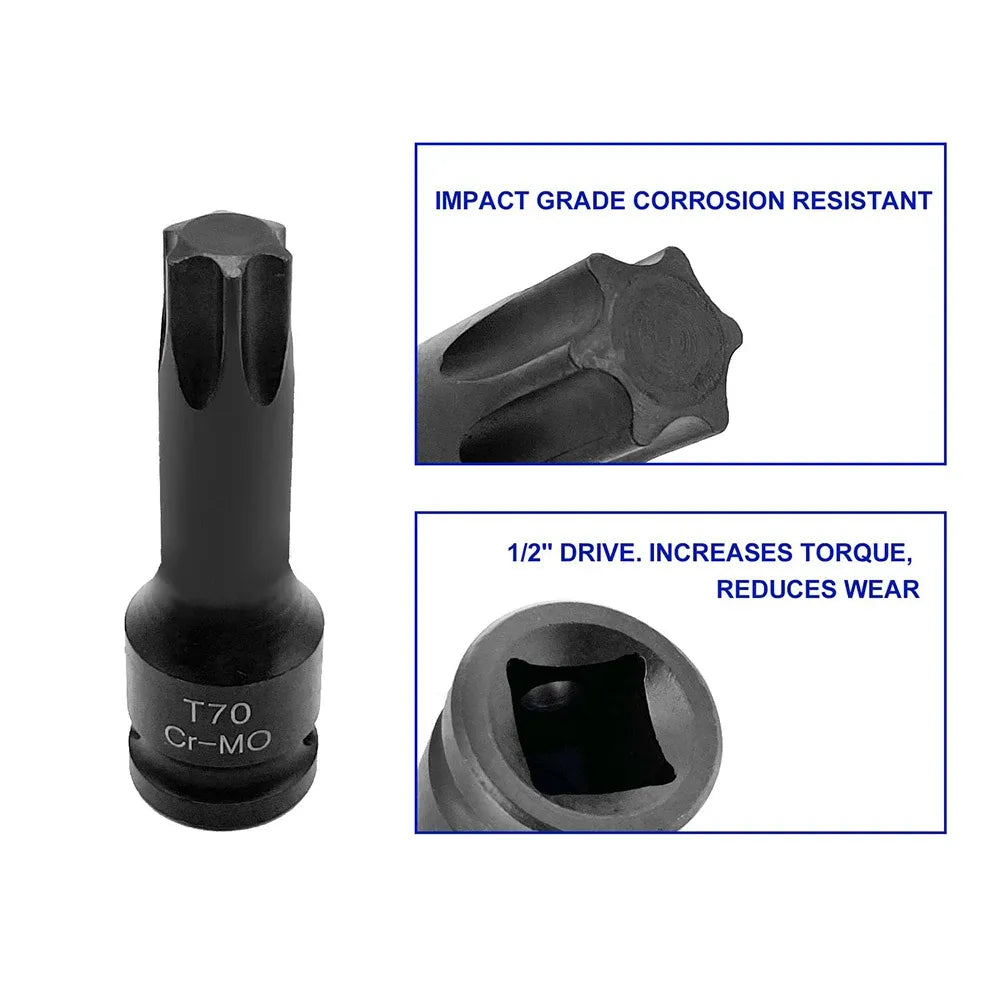 Black 1/2-inch drive impact Torx socket bit with T70 marking, Cr-Mo steel