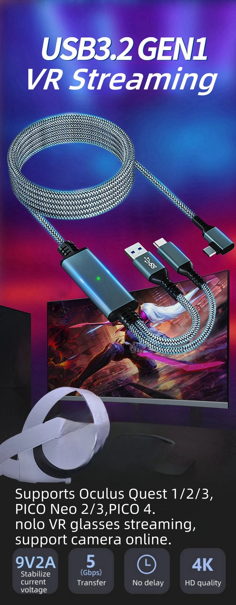 VR Link Cable 5M for Meta Quest 3 and Pico 4 - High-Speed 5Gbps USB-C Tidesmit