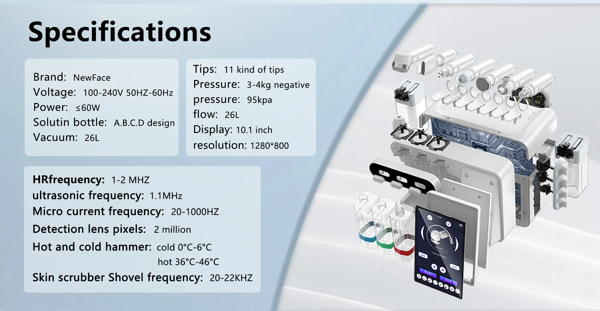 8-in-1 hydro-facial machine parts explosion diagram, white beauty spa device with touch screen and cleaning tools.
