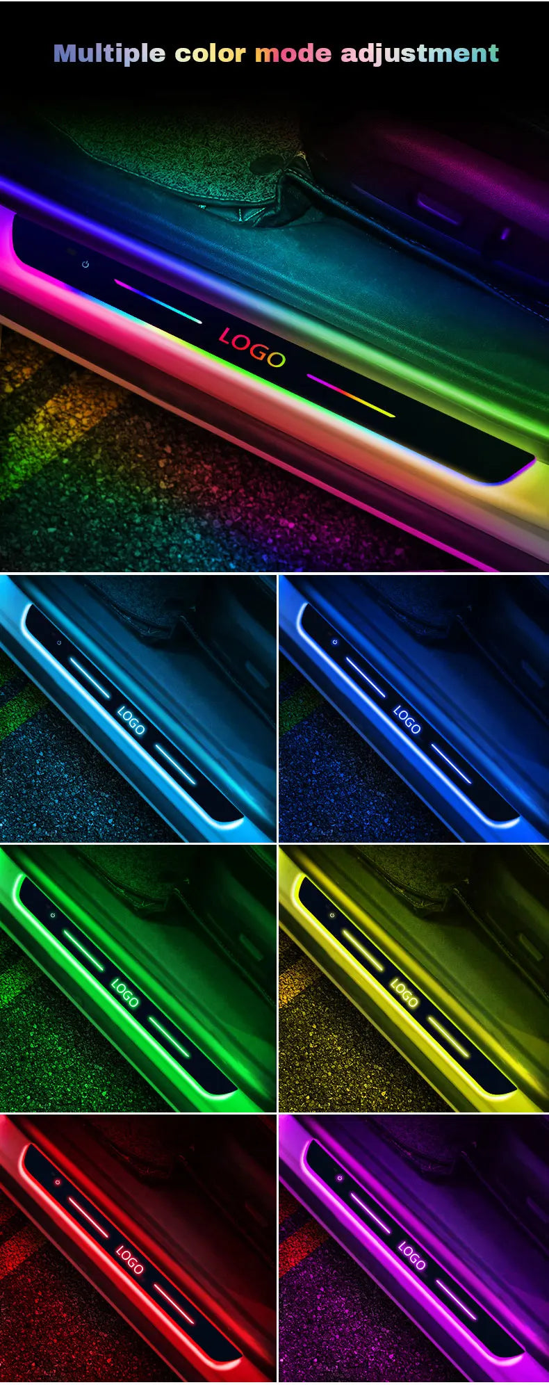 Rectangular LED car door sill protector with customizable multicolor lighting and a center logo insert.