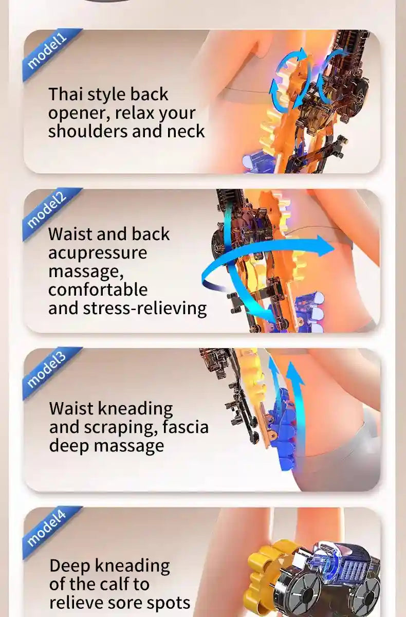 Four panels showing a transparent internal massage mechanism with yellow and blue rollers against a human body.