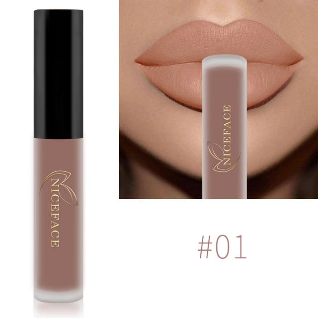 NICEFACE waterproof matte liquid lipstick in shade #01, a long-lasting nude beige lip makeup with a smooth finish.