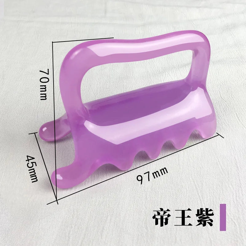 Purple translucent resin massage tool with a handle and multi-prong base for deep tissue muscle relief. 97x70x45mm.
