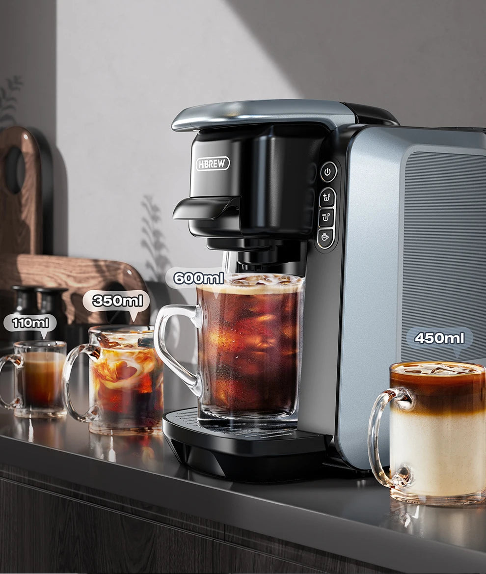 HiBREW black and silver multi-size coffee maker brewing various cup capacities from 110ml to 600ml on a kitchen counter.