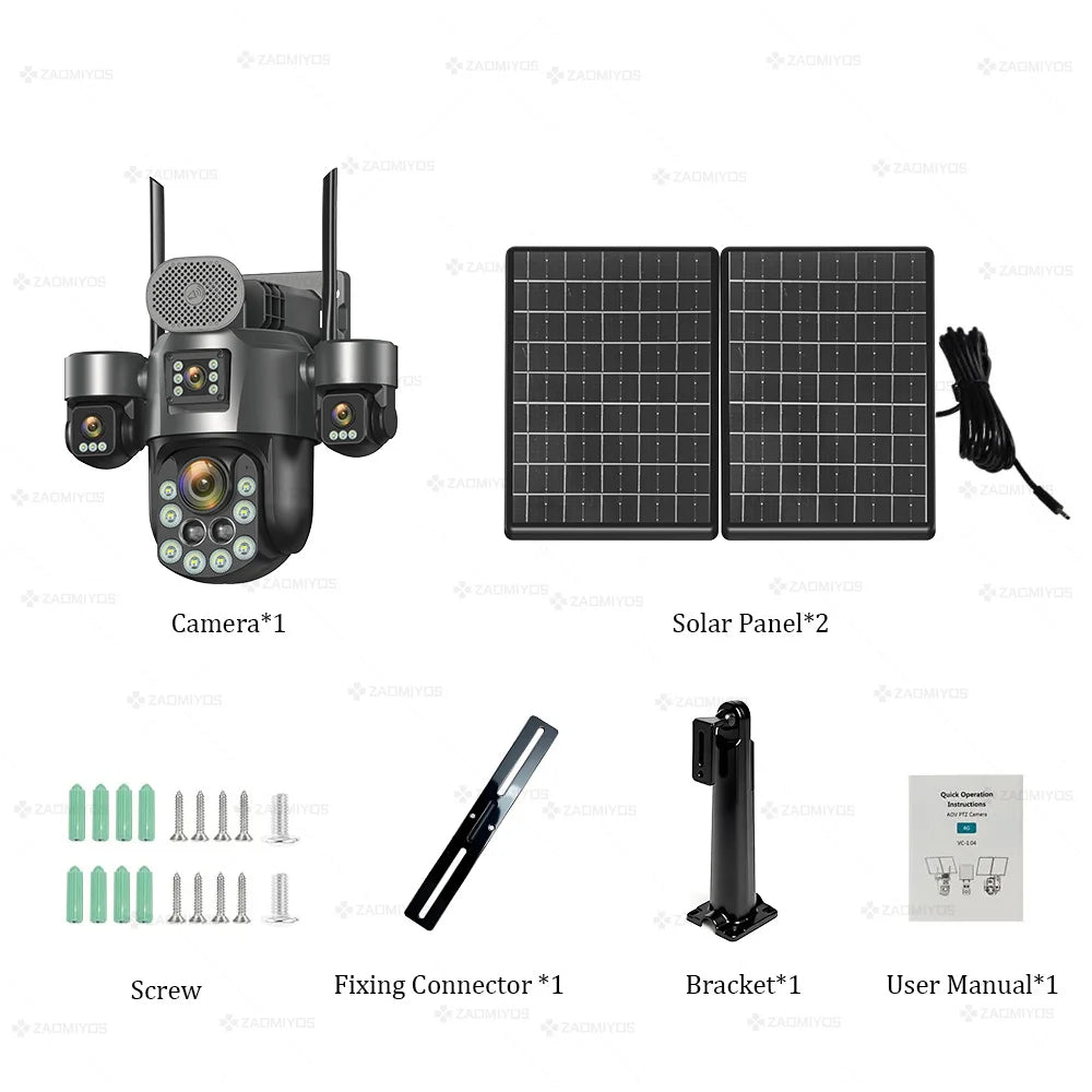 60X Optical Zoom Home Surveillance Solar Cameras 4G Security Protection Auto Track  24/7 Record 4 Screen/4 Lens CCTV PTZ Camera