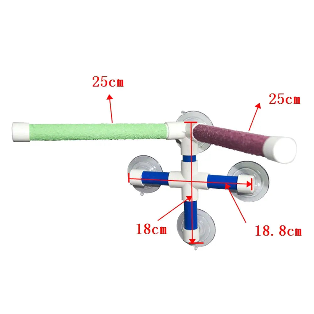 Parrot shower perch with suction cups and paw-grinding textured bars for bird bathing and standing exercise.