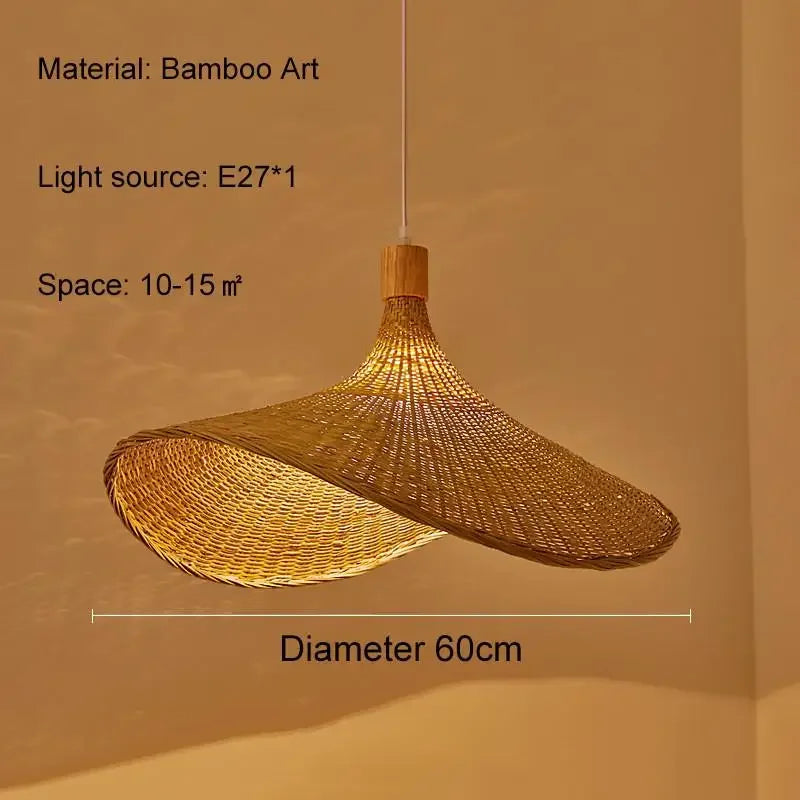 60cm wide woven bamboo pendant light with a wavy, asymmetrical brim for hanging interior ceiling illumination.